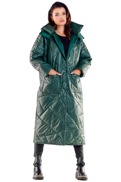 Płaszcz damski długi pikowany z kapturem zapinany na napy zielony